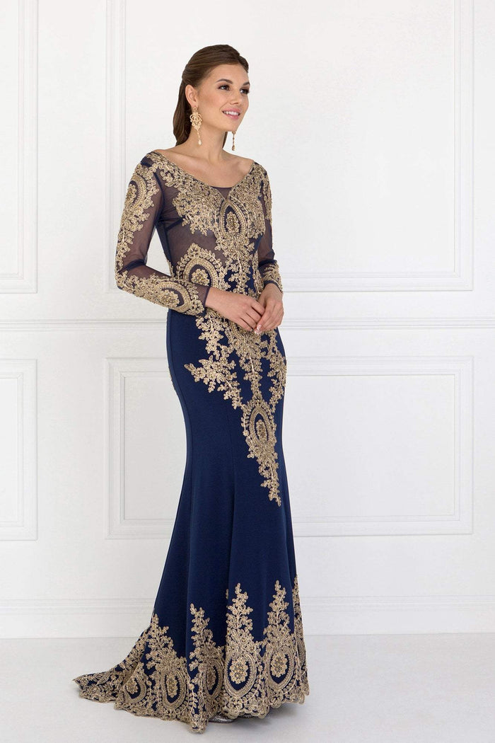 Elizabeth K - GL1597 Illusion Long Sleeve Gilded Lace Sheath Gown Special Occasion Dress XS / Navy