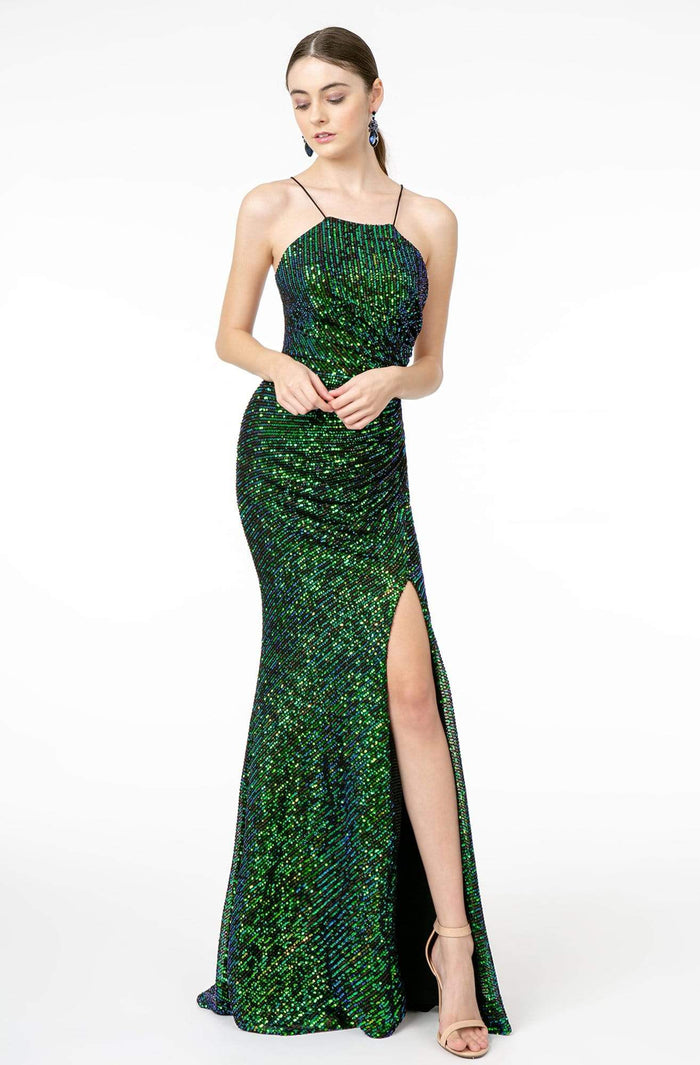Elizabeth K - GL1812 Sequined Halter Trumpet Dress With Train Prom Dresses XS / Green