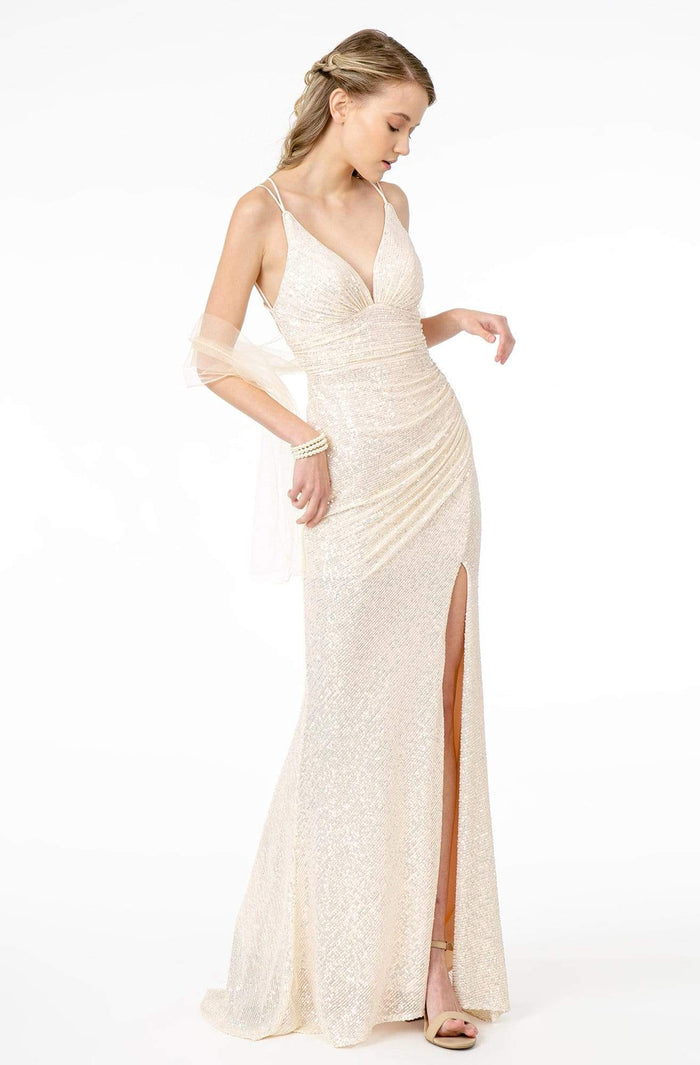 Elizabeth K - GL1814 Ruched Plunging V-Neck Gown With Slit Prom Dresses XS / Champagne