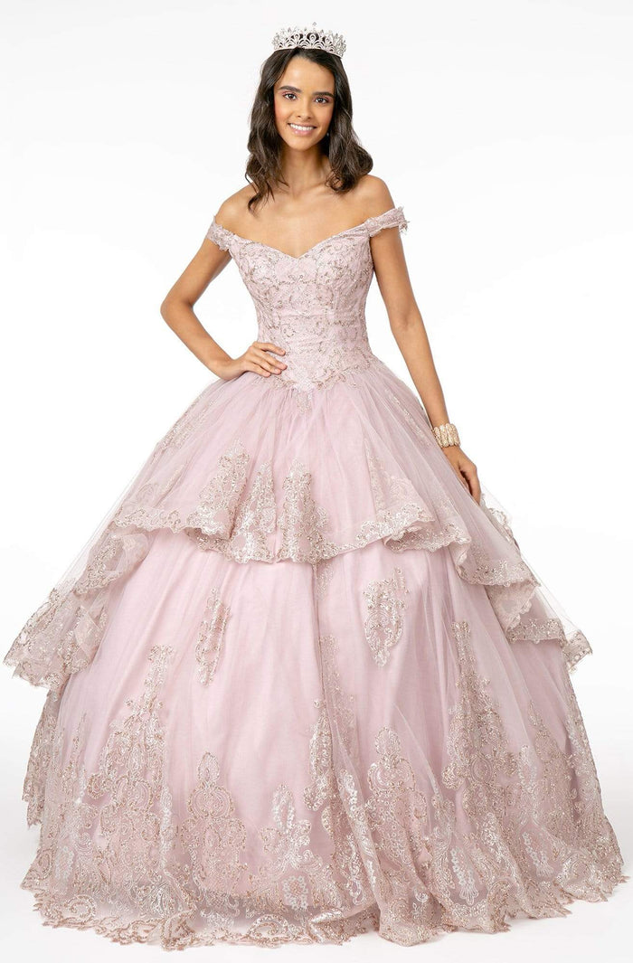 Elizabeth K - GL1819 Glitter Lace Appliqued Off Shoulder Ballgown Quinceanera Dresses XS / Mauve