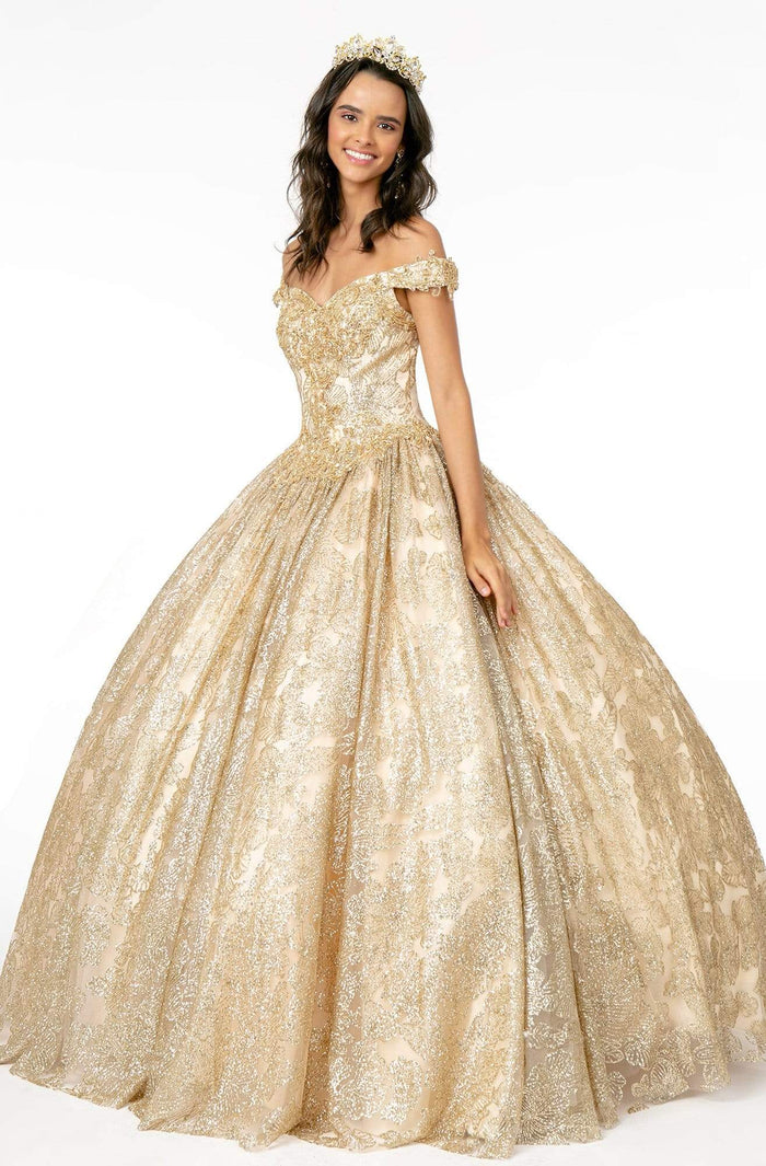 Elizabeth K - GL1820 Glitter Mesh Off Shoulder Sweetheart Ballgown Quinceanera Dresses XS / Champagne