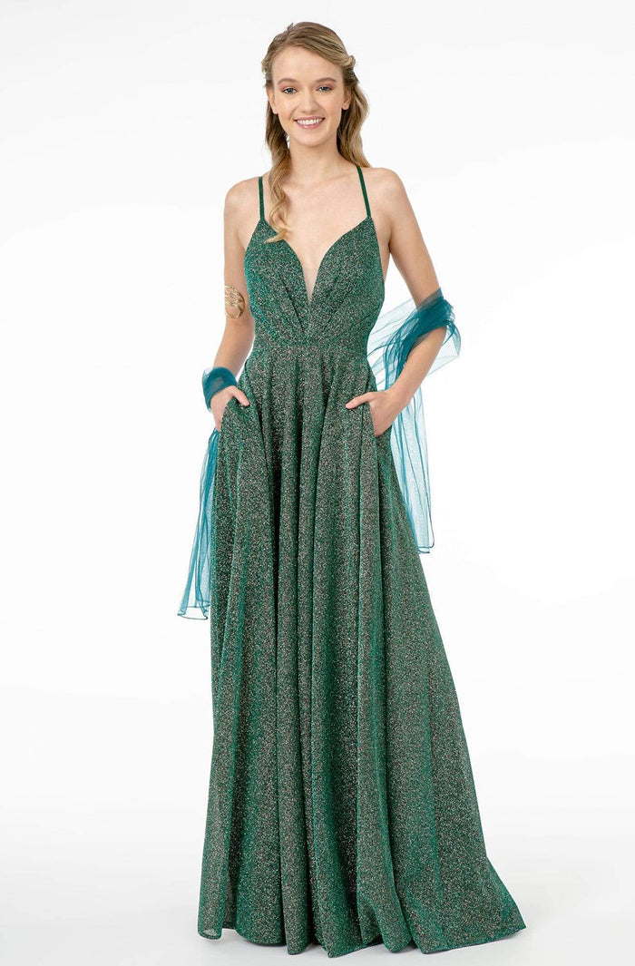 Elizabeth K - GL1828 Plunging Pleat-Ornate Bodice Glitter Lame Gown Prom Dresses XS / Green