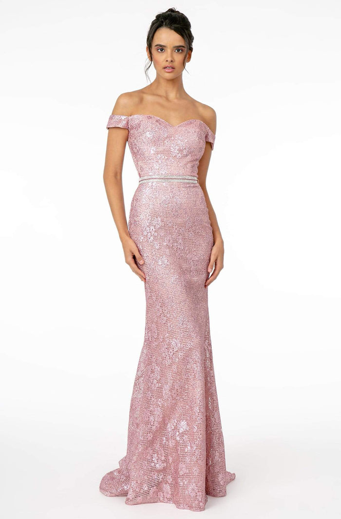 Elizabeth K - GL1829 Off Shoulder Jeweled Waist Glitter Gown Evening Dresses XS / Fuchsia