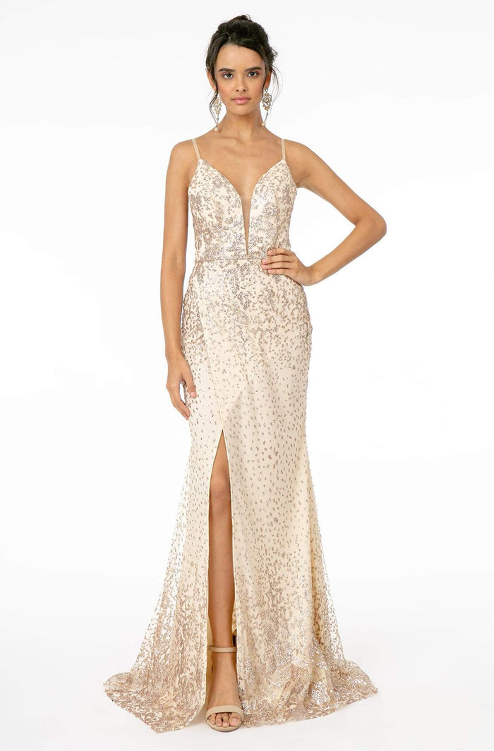 Elizabeth K - GL1844 Illusion Deep V-Neck Glitter Mesh High Slit Gown Evening Dresses XS / L.Gold