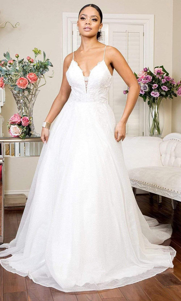 Elizabeth K - GL1904 Deep V Neck Glitter Mesh A-line Gown Wedding Dresses XS / Ivory