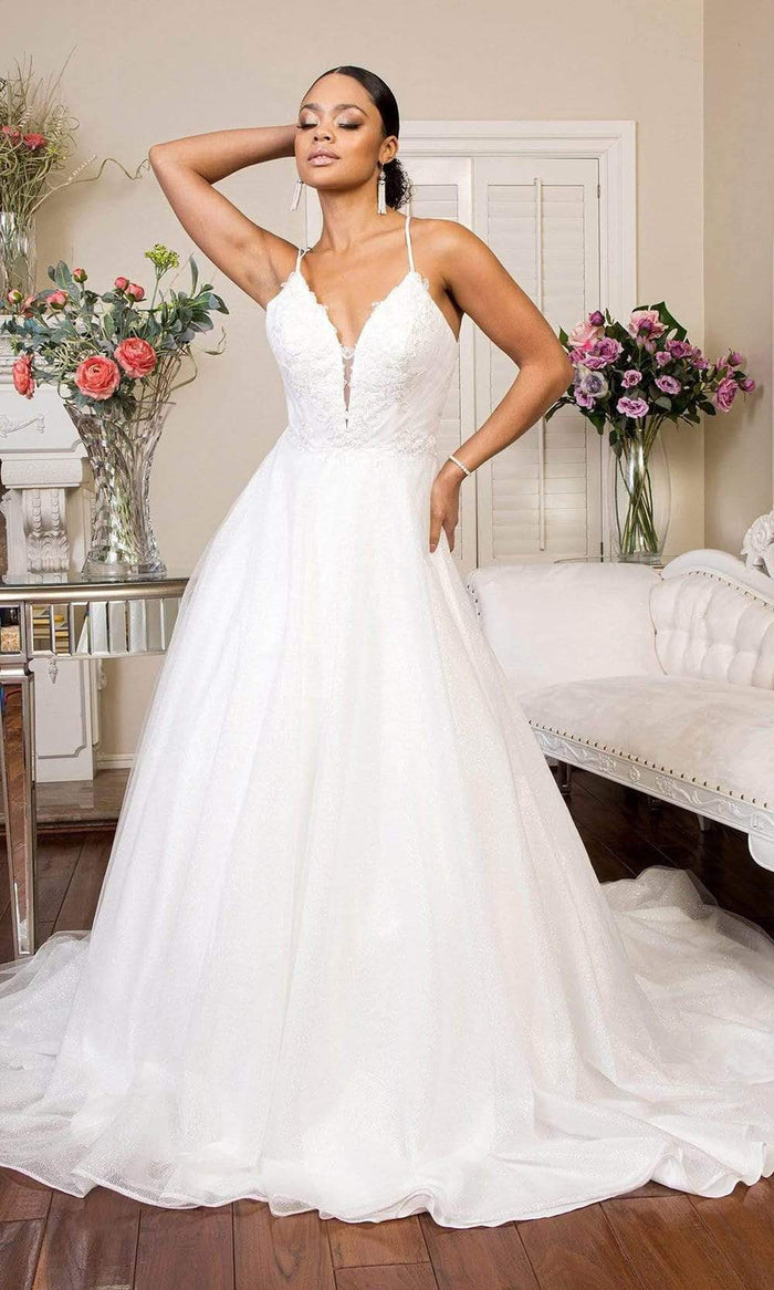 Elizabeth K - GL1905 Embroidered Deep V Neck Mesh A-line Gown Wedding Dresses XS / Ivory