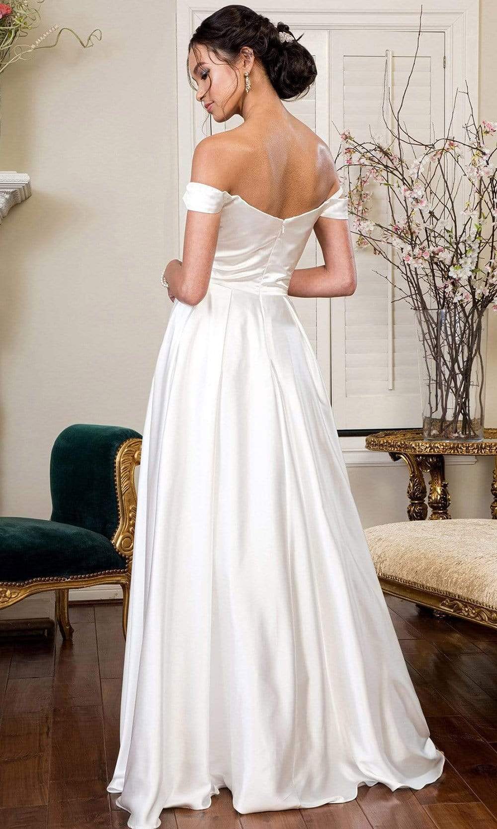 Elegant White Off Shoulder Backless Satin Wedding Dress Bridal Gown With  Ruffle - EVERISA