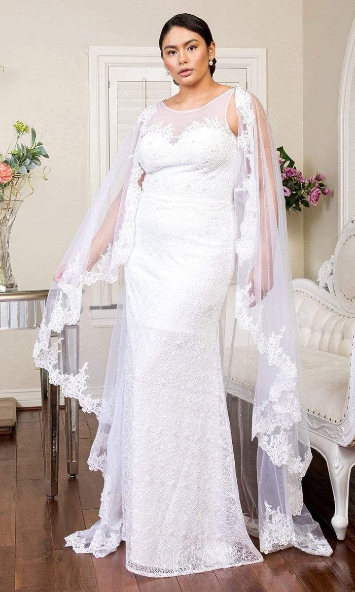 Elizabeth K - GL1918 Lace Embroidered Sheath Bridal Gown with Cape Wedding Dresses XS / White