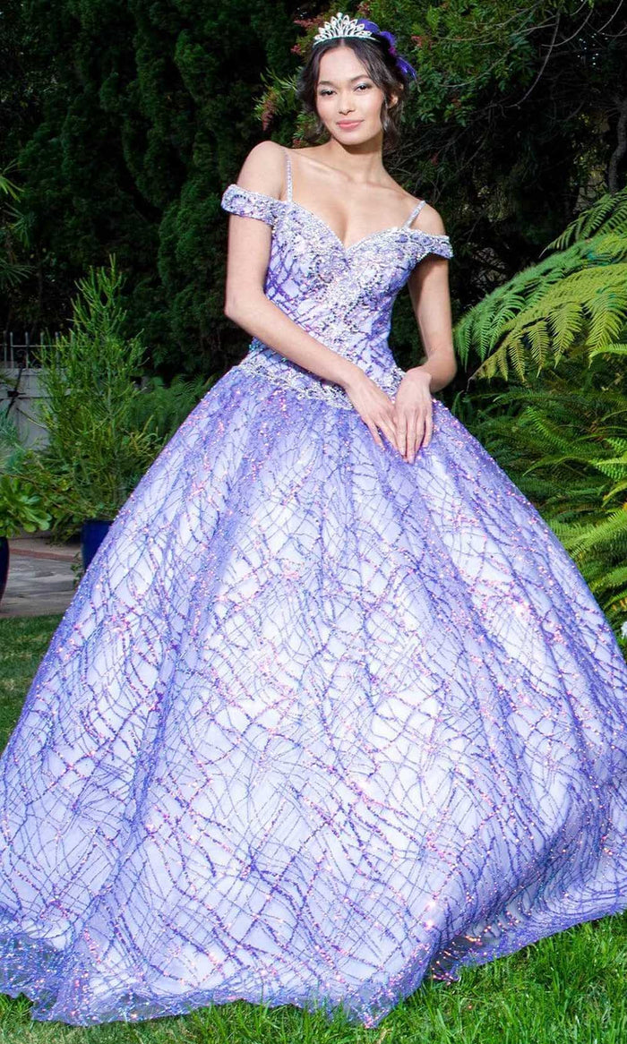 Elizabeth K - GL1928 Jewel Beaded Glitter Print Mesh Ballgown Quinceanera Dresses XS / Lilac