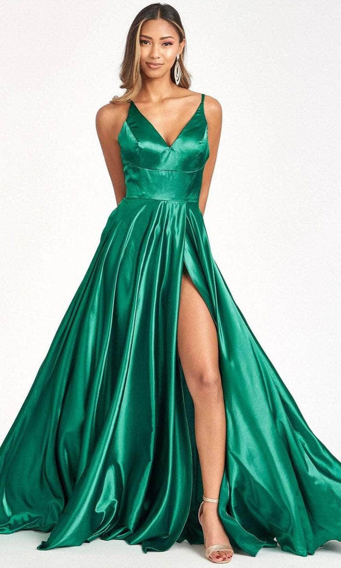 Elizabeth K GL1991 - Strappy High Slit Satin Prom Dress Special Occasion Dress XS / Emerald Green