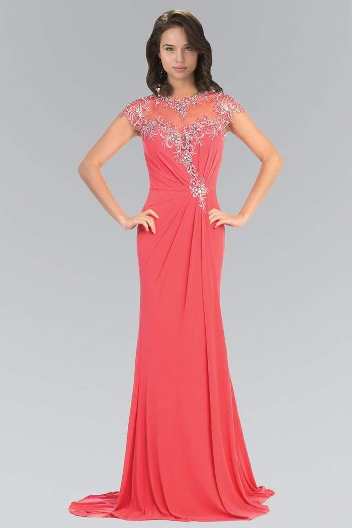 Elizabeth K - GL2011 Jeweled Illusion Jewel Neck Dress Special Occasion Dress XS / D.Coral