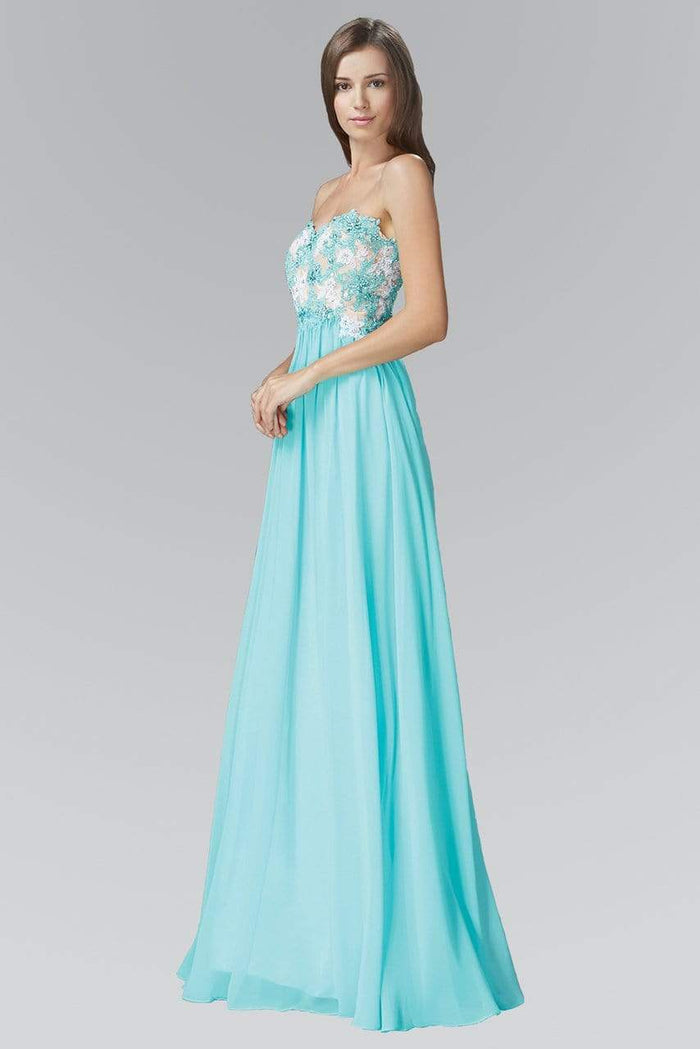 Elizabeth K - GL2050 Strapless Beaded Floral Applique Gown Special Occasion Dress XS / L/Blue