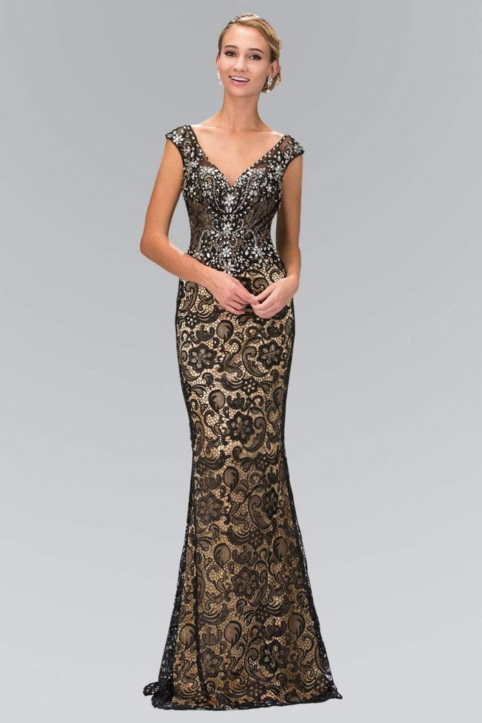 Elizabeth K - GL2059 Jeweled V-Neck Gown Special Occasion Dress XS / Blk/Nude