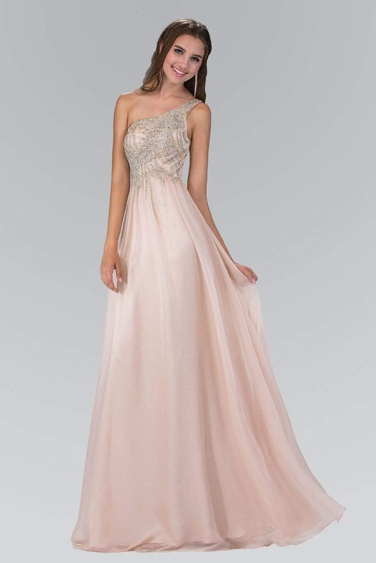 Elizabeth K - GL2094 Bead Embellished Asymmetric Neck Chiffon Gown