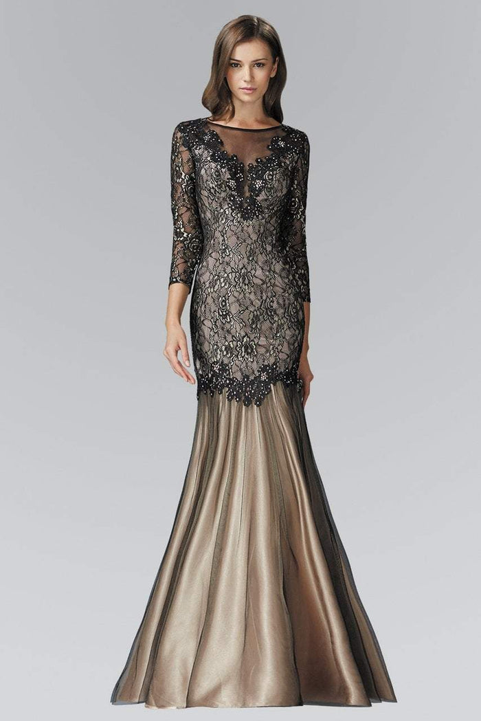 Elizabeth K - GL2107 Three Quarter Sleeve Lace Trumpet Gown Special Occasion Dress XS / Blk/Nude