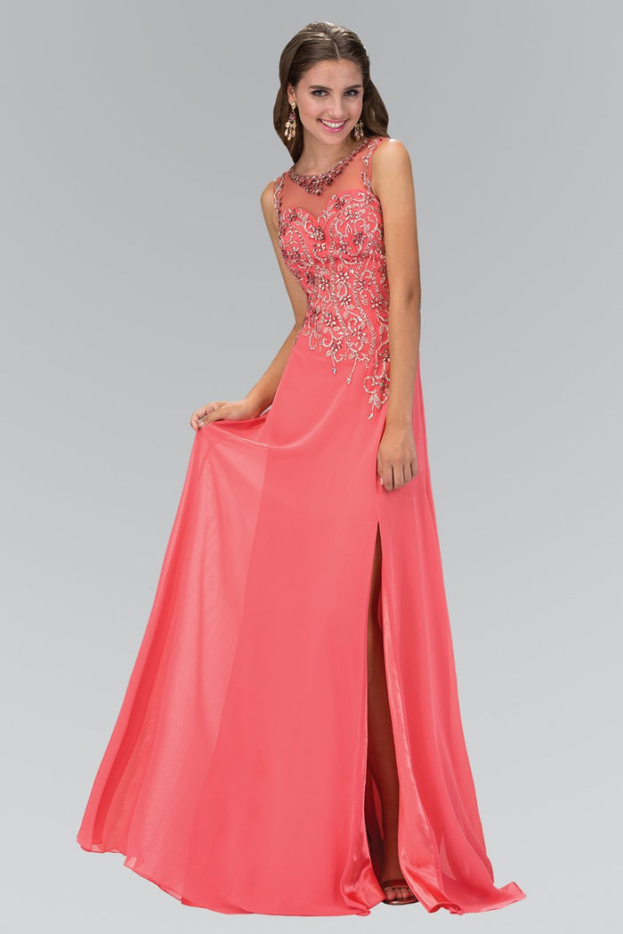 Elizabeth K - GL2118 Embellished Illusion High Neck A-Line Gown Special Occasion Dress XS / Coral