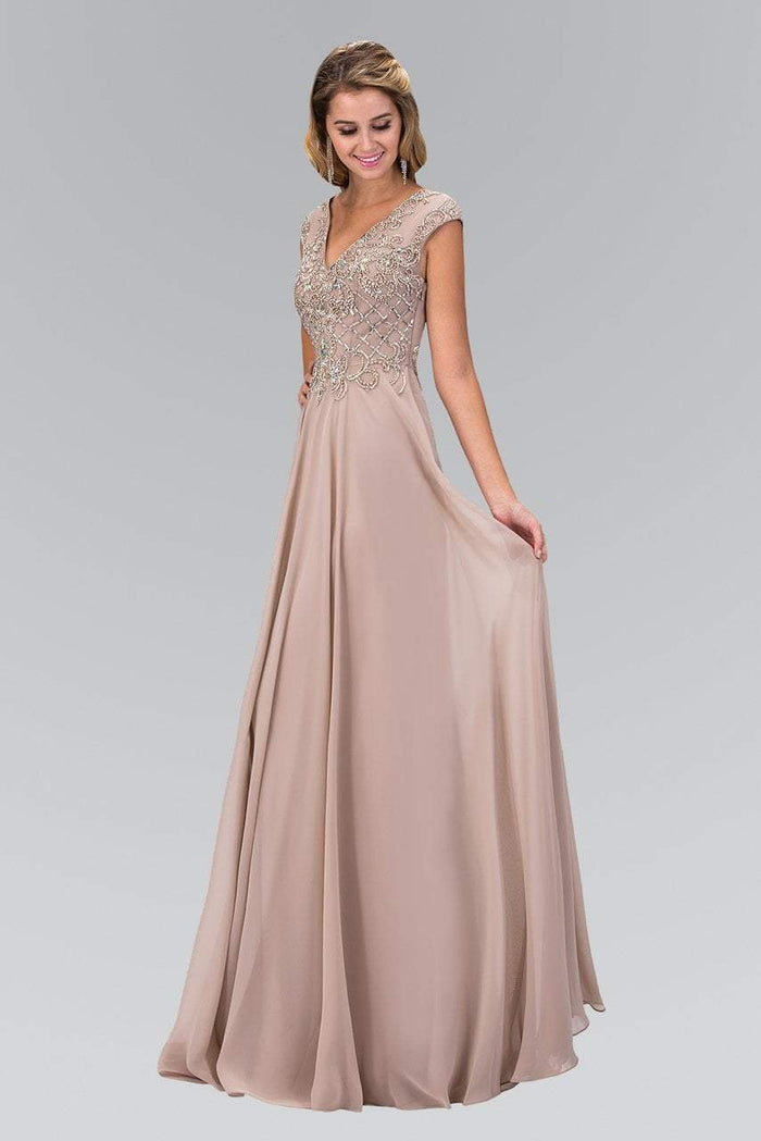 Elizabeth K - GL2119 Bead Embellished V-Neck Chiffon Gown Special Occasion Dress XS / Tan