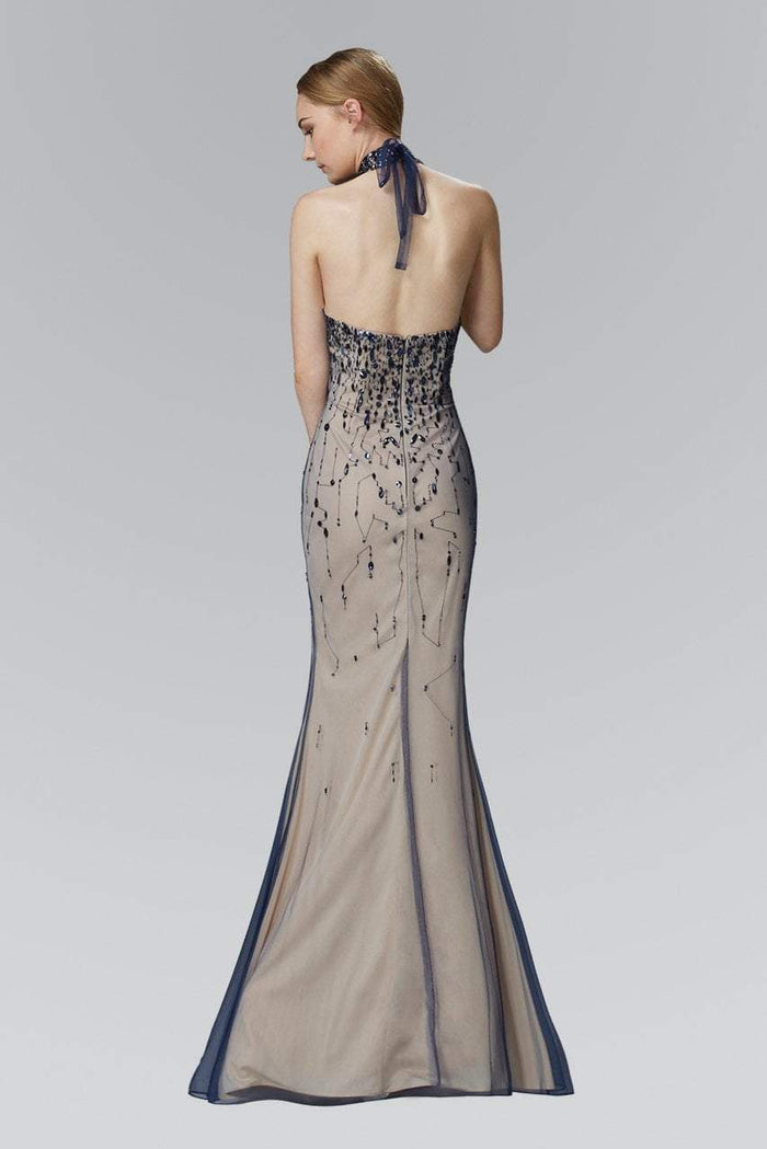Elizabeth K - GL2147 Jeweled High Neck Trumpet Gown Special Occasion Dress XS / Navy/Nude