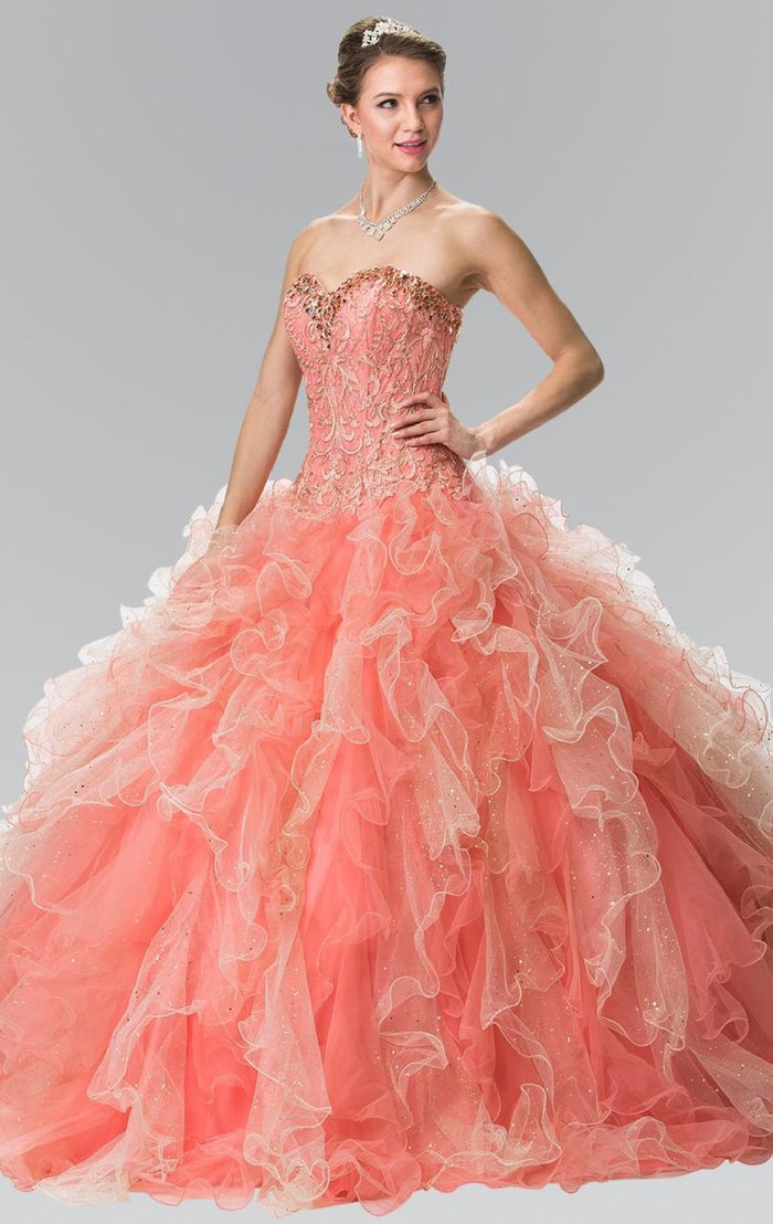 Elizabeth K - GL2210 Jeweled Sweetheart Ballgown Special Occasion Dress XS / Coral/Champagne