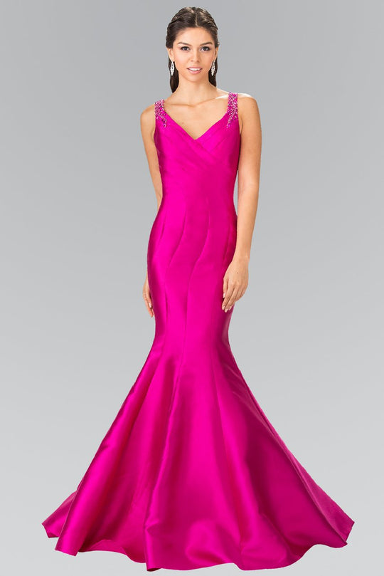 Elizabeth K GL2212 Sculpted V-Neck Mikado Trumpet Gown in Magenta CCSALE M / Magenta