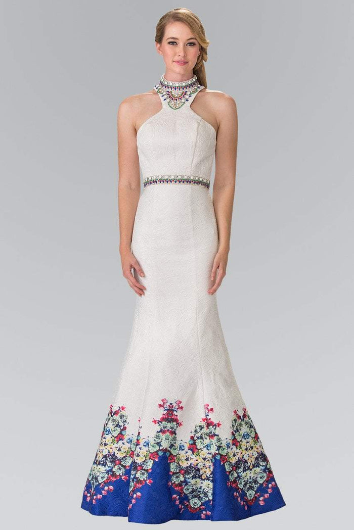 Elizabeth K - GL2218 Embellished High Neck Floral Print Gown Special Occasion Dress XS / Ivory