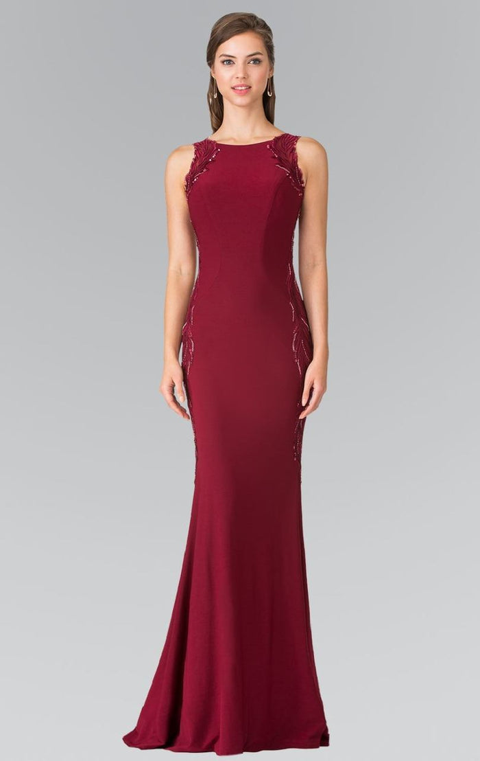 Elizabeth K - GL2222 Embellished Scoop Neck Jersey Sheath Dress Special Occasion Dress XS / Burgundy