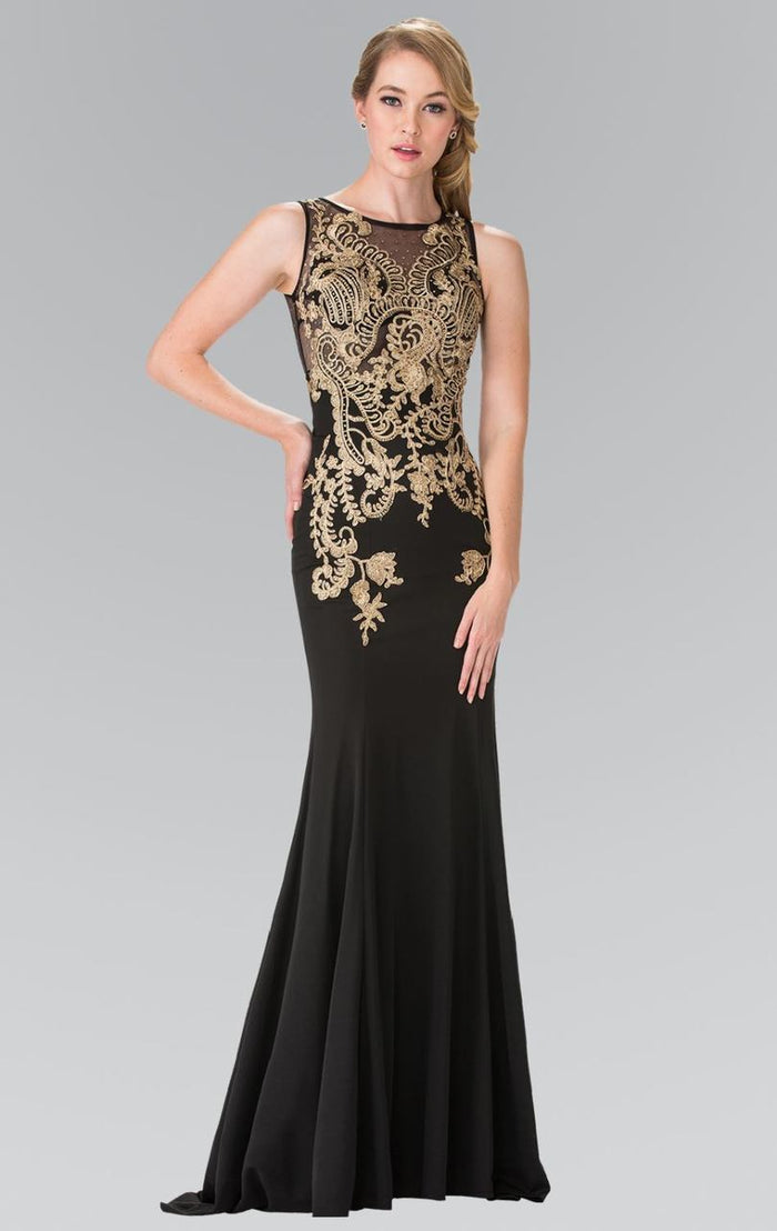 Elizabeth K - GL2230 Embroidered Bateau Neck Jersey Trumpet Dress Special Occasion Dress XS / Black