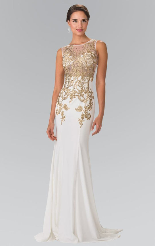 Elizabeth K - GL2230 Embroidered Bateau Neck Jersey Trumpet Dress