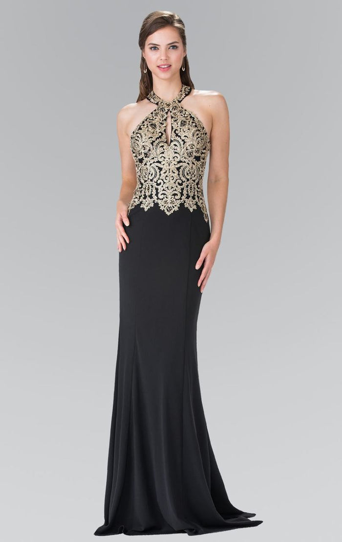 Elizabeth K - GL2231 Embroidered Halter Jersey Trumpet Dress Special Occasion Dress XS / Black