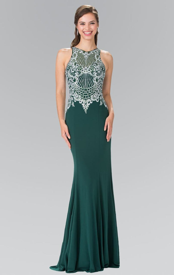 Elizabeth K - GL2232 Embellished High Neck Jersey Sheath Dress Evening Dresses XS / Green