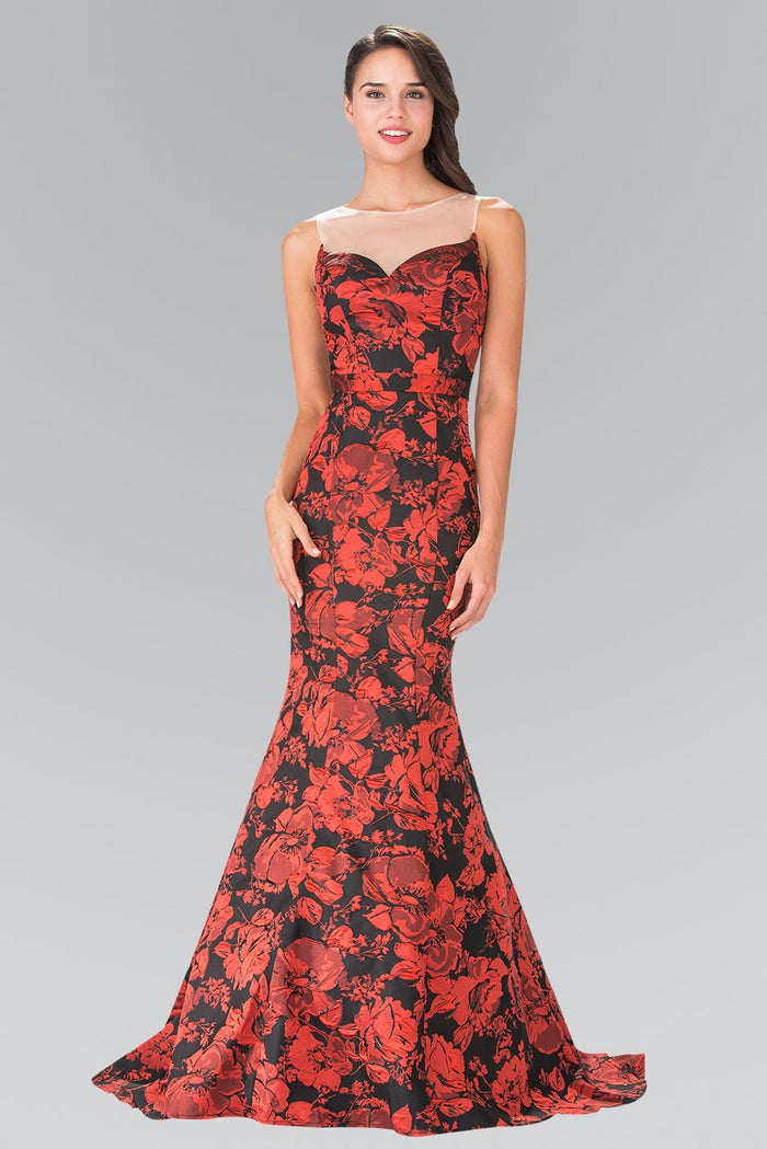 Elizabeth K - GL2246 Illusion Bateau Neckline with Floral Print Gown Special Occasion Dress XS / Red