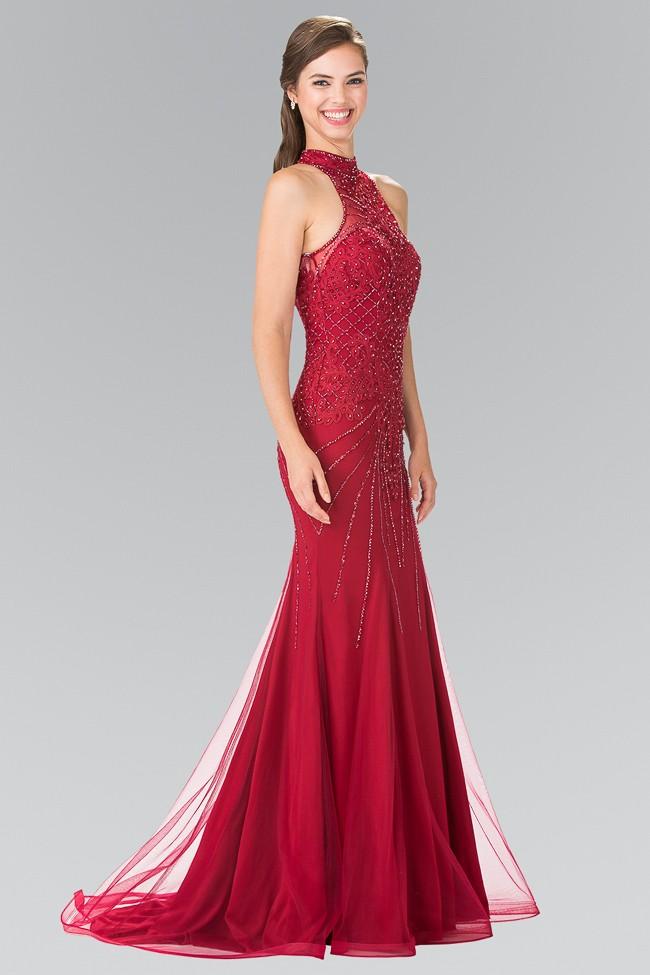 Elizabeth K - GL2263 Sequined Halter Long Dress Special Occasion Dress XS / Burgundy