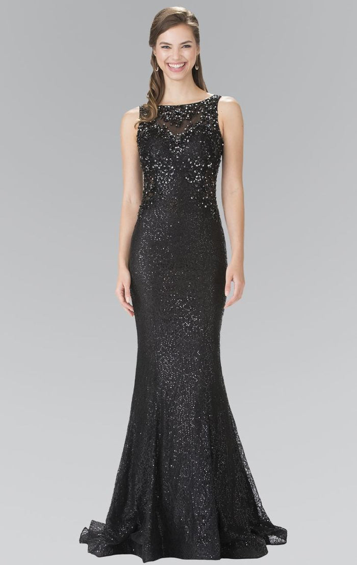 Elizabeth K - GL2268 Embellished Bateau Neck Lace Trumpet Dress Special Occasion Dress XS / Black
