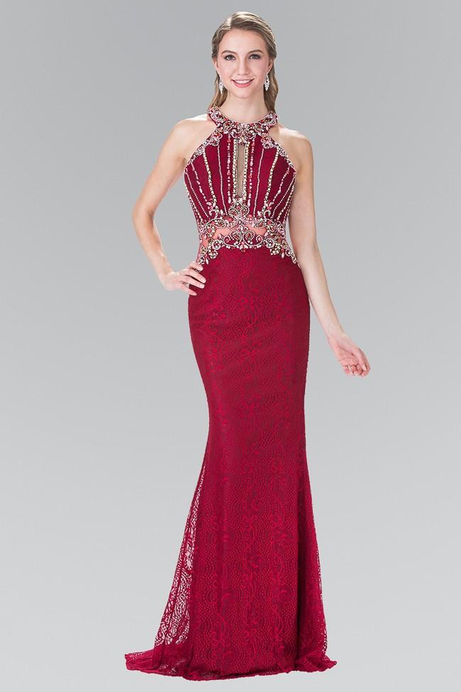Elizabeth K - GL2275 Halter Embellished Long Dress Special Occasion Dress XS / Burgundy