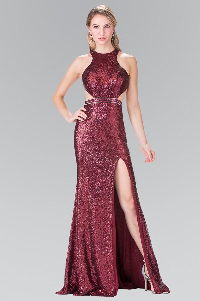 Elizabeth K - GL2278 Halter Long Dress with Slit Special Occasion Dress XS / Burgundy