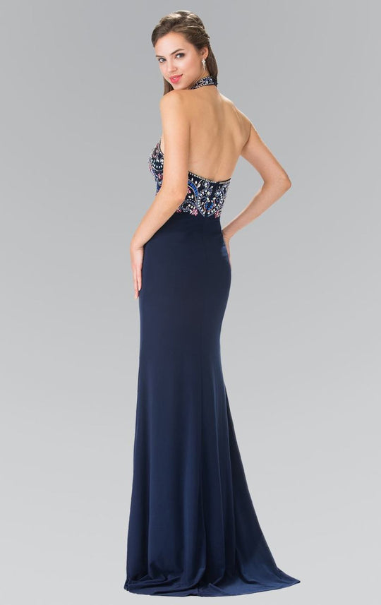 Elizabeth K - GL2279 Beaded Halter Neck Rome Jersey Sheath Dress