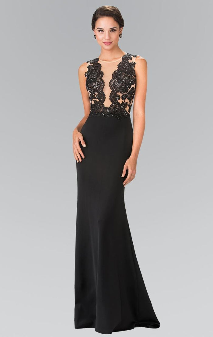 Elizabeth K - GL2286 Laced Illusion High Neck Jersey Trumpet Dress Special Occasion Dress XS / Black