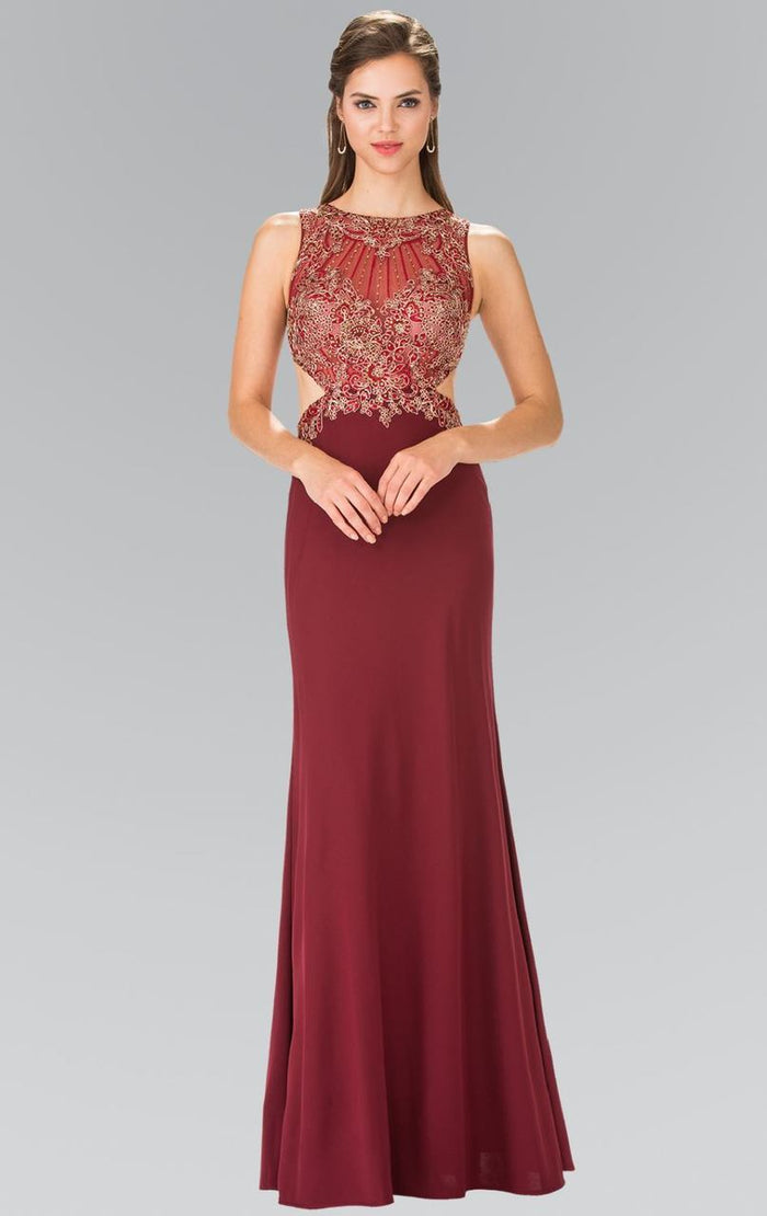 Elizabeth K - GL2324 Jewel Long Dress with Side Cut Outs Special Occasion Dress XS / Burgundy