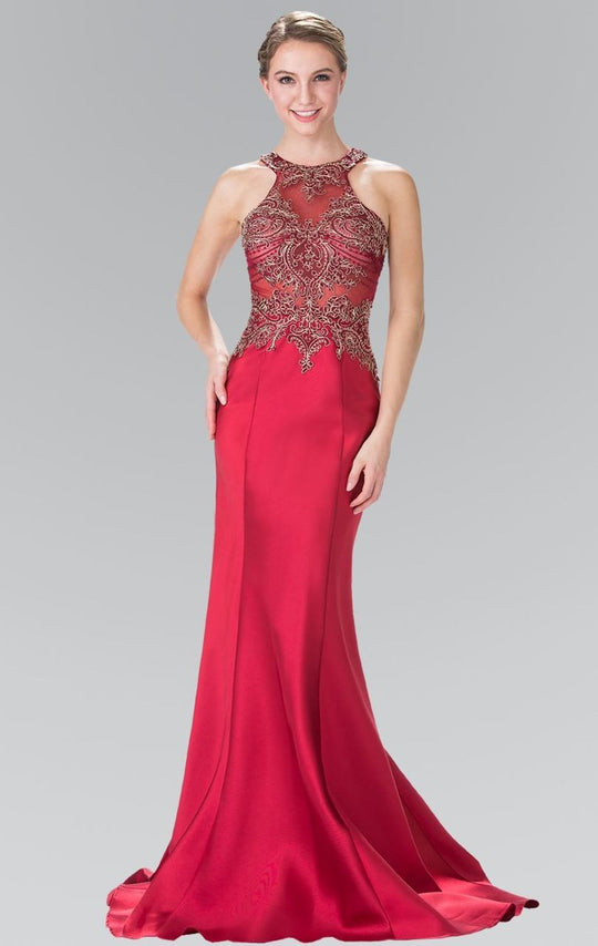 Elizabeth K - GL2325 Embellished High Neck Jersey Trumpet Dress Special Occasion Dress XS / Burgundy