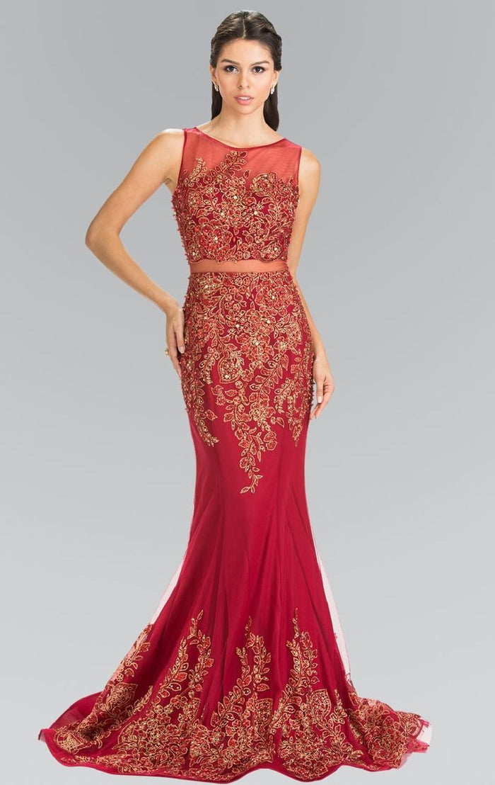 Elizabeth K - GL2338 Embellished Illusion Bateau Jersey Trumpet Dress Special Occasion Dress XS / Burgundy