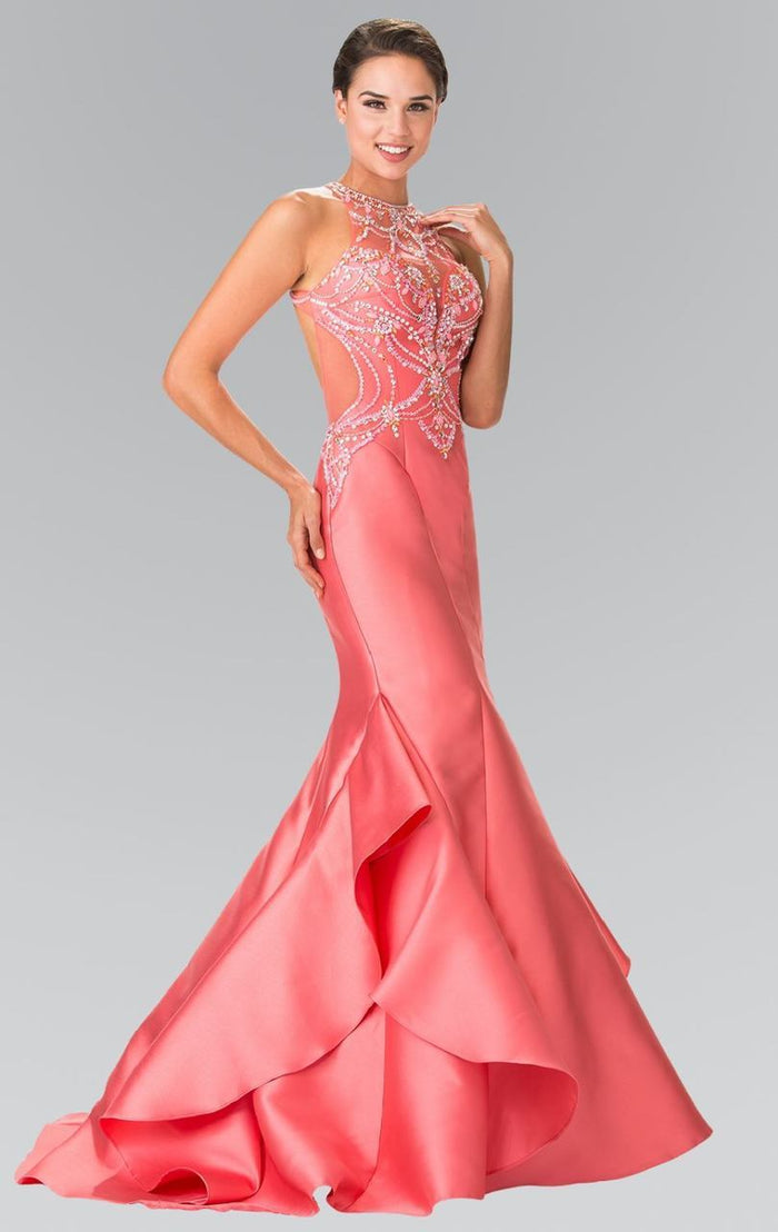Elizabeth K - GL2357 Beaded Halter Ruffled Mermaid Gown Special Occasion Dress XS / Coral