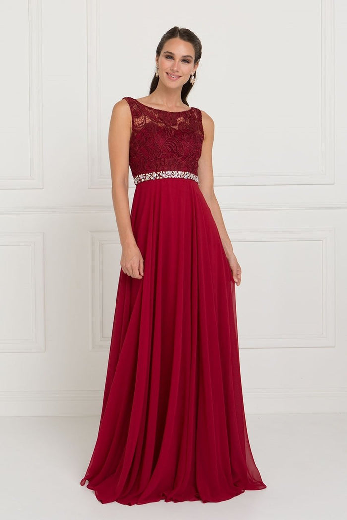 Elizabeth K - GL2420 Jeweled Waist Lace A-Line Gown Special Occasion Dress XS / Burgundy