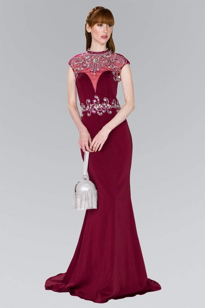Elizabeth K - GL2426 Cap Sleeve Bejeweled High Neck Trumpet Gown Special Occasion Dress XS / Burgundy