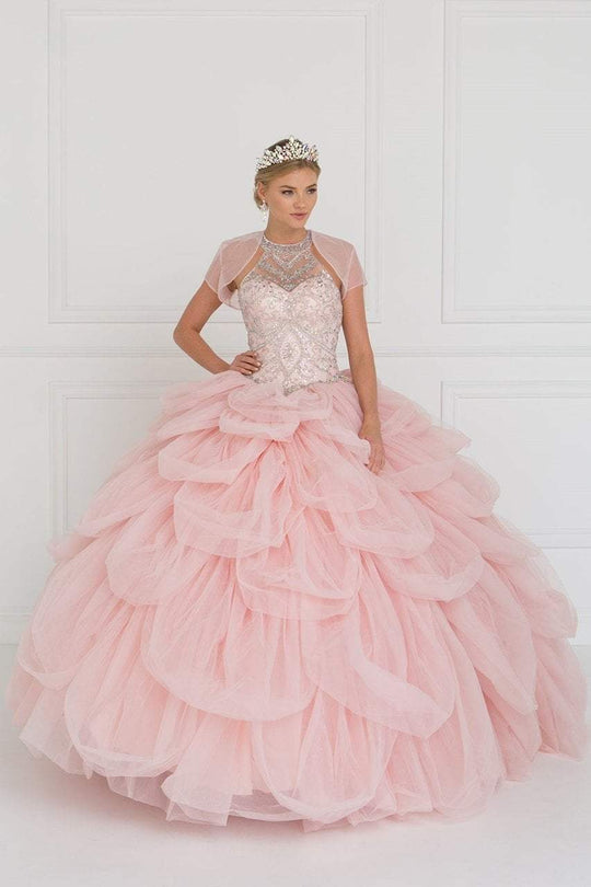 Elizabeth K - GL2430 Illusion High Halter Cascading Petal Tulle Ballgown