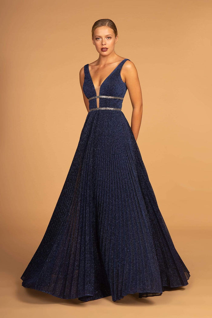 Elizabeth K - GL2501 Illusion Plunging Neck Metallic Prom Dress Special Occasion Dress XS / Navy