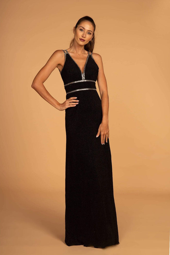 Elizabeth K - GL2503 Embellished Deep V-neck Sheath Dress Special Occasion Dress XS / Black