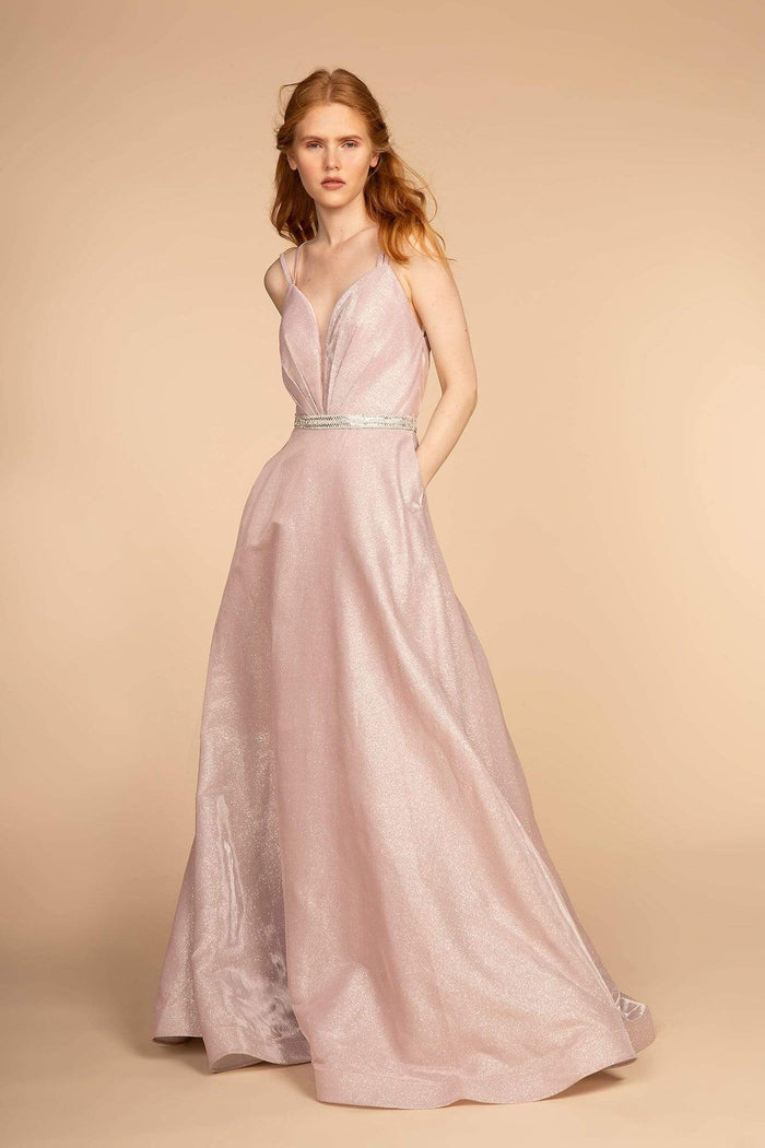 Elizabeth K - GL2504 Pleated Plunging Bodice Glitter Long Gown Prom Dresses XS / Baby Pink