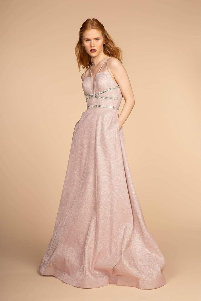 Elizabeth K - GL2506 Deep V-neck Glitter Crepe A-line Dress Special Occasion Dress XS / Baby Pink