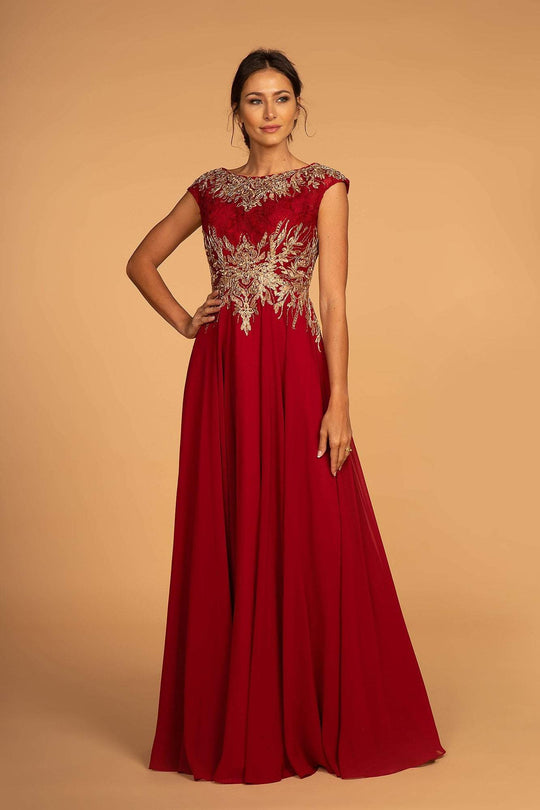 Elizabeth K - GL2519 Lace Embroidered Bateau Chiffon A-line Dress Special Occasion Dress XS / Burgundy