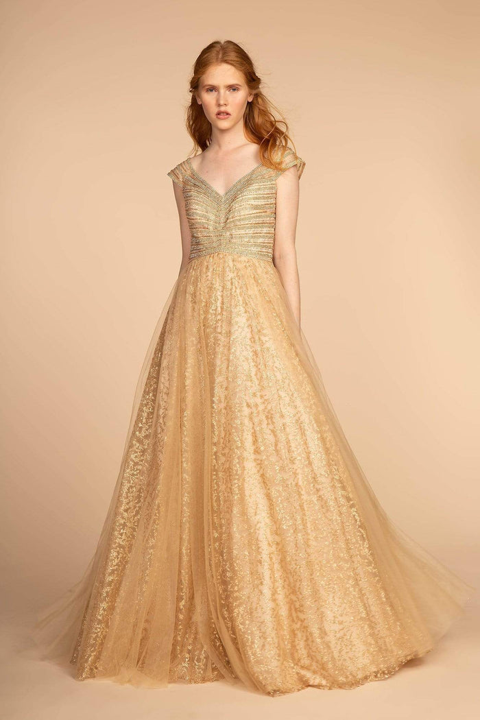 Elizabeth K - GL2526 Cap Sleeve Jewel Adorned Bodice A-Line Gown Prom Dresses XS / Gold